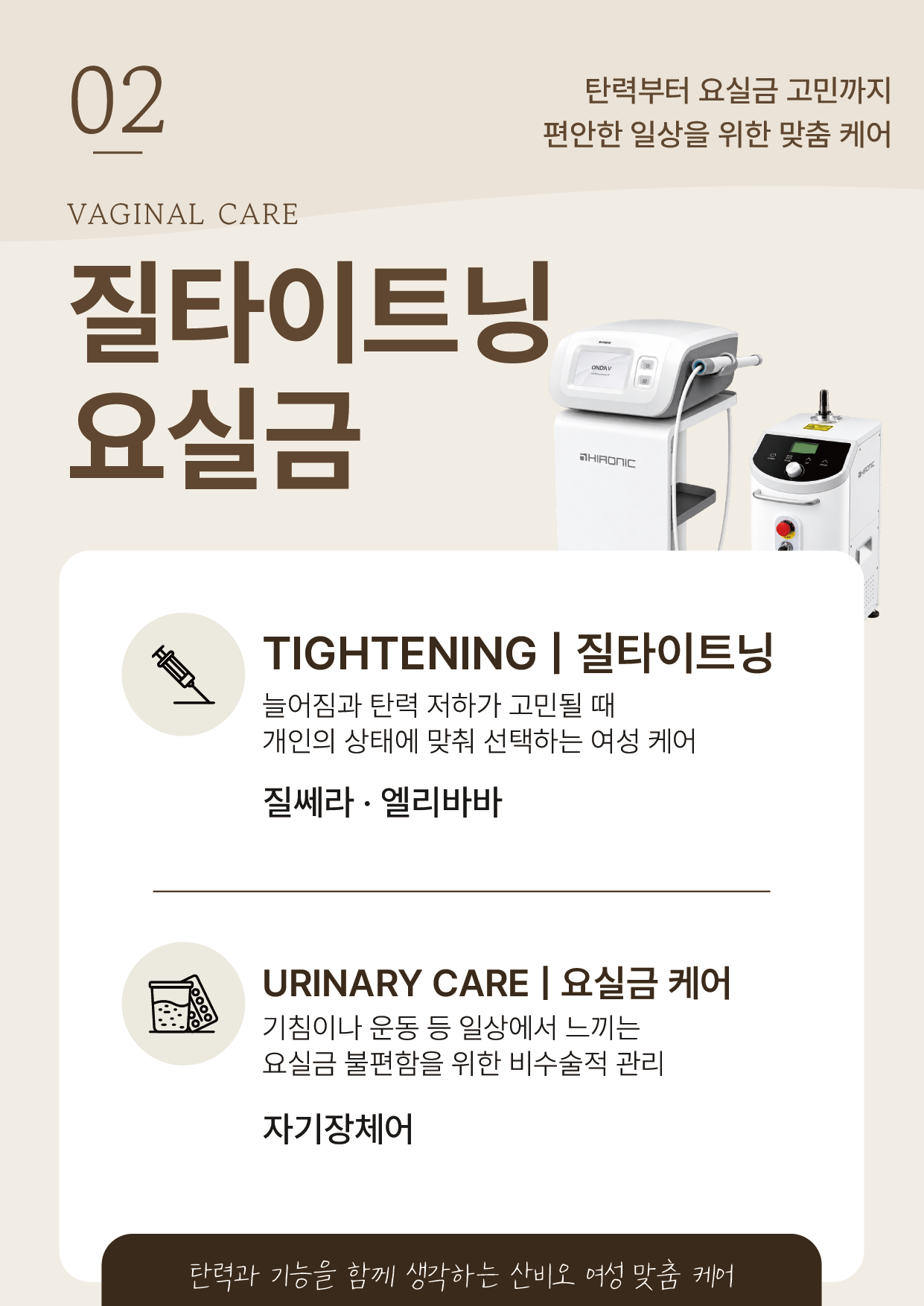 의료 장비 사진과 질타이트닝·요실금 자기장케어 항목이 있는 잠실 산비오의원 안내 포스터