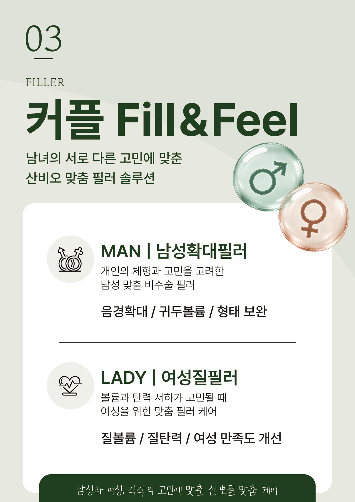 남녀 기호와 남성확대필러·여성질필러 항목을 넣은 잠실 산비오의원 커플 Fill&Feel 포스터
