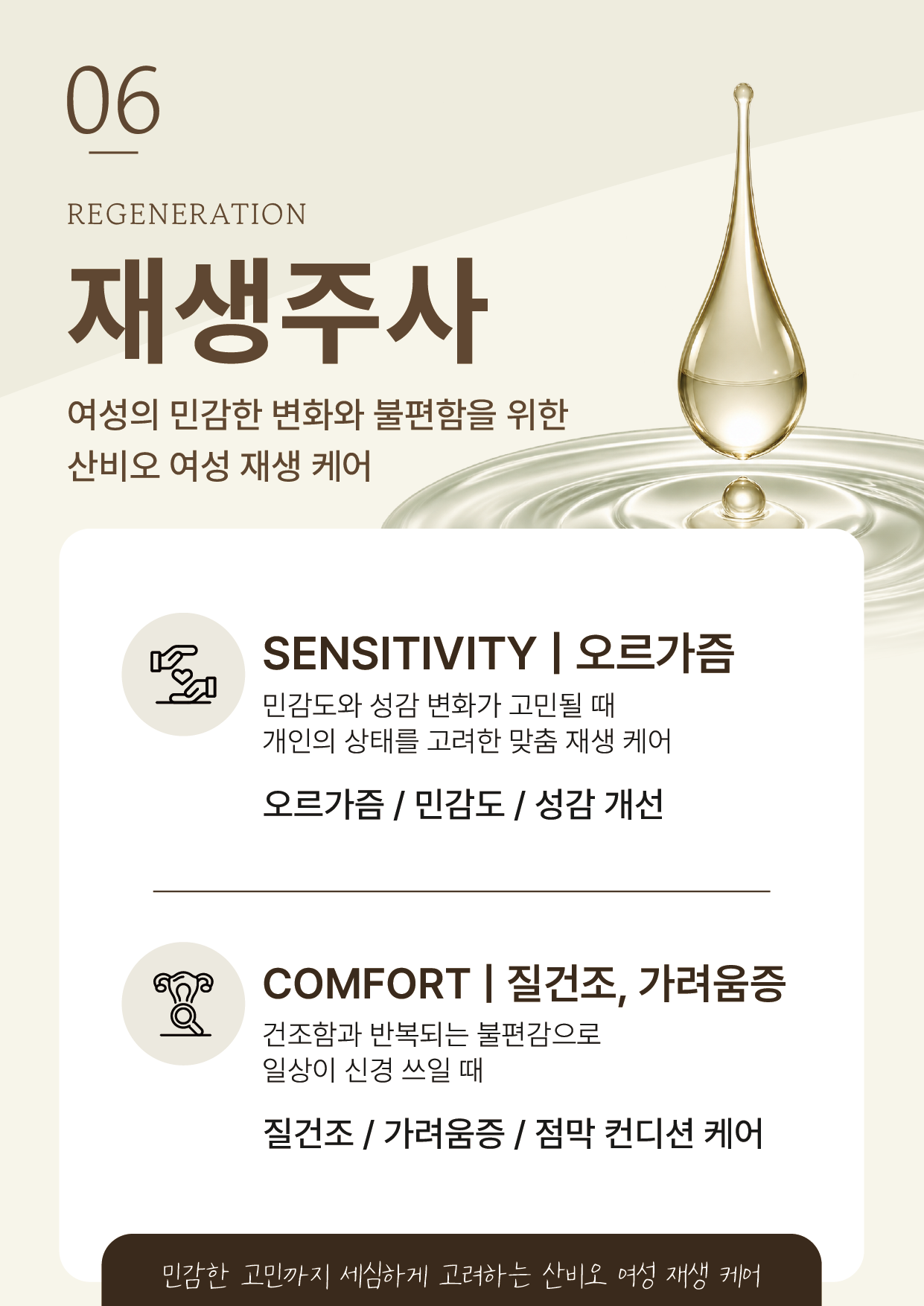 금색 물방울 그림과 오르가즘·민감도, 질건조·가려움증 상담 항목이 있는 잠실 산비오의원 여성 재생주사 포스터