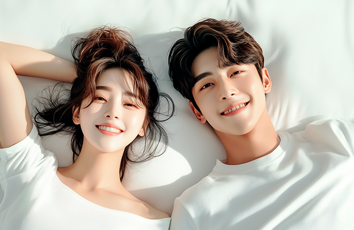 흰 침대에 나란히 누워 미소 짓는 여성과 남성