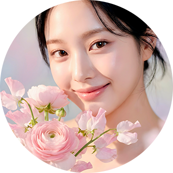 분홍색 꽃을 얼굴 가까이 들고 미소 짓는 여성