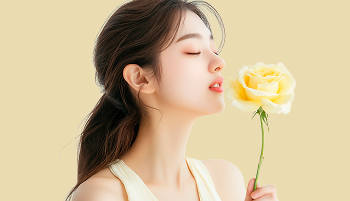 눈을 감고 얼굴 가까이 노란 장미를 든 여성