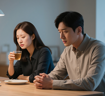 식탁에 앉아 여성이 컵을 들고 남성이 두 손을 모은 모습