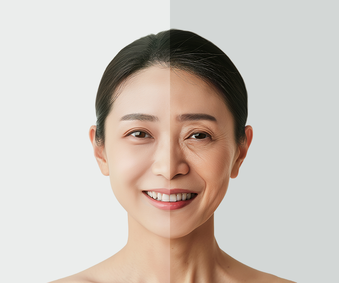 얼굴 양쪽에 다른 주름과 피부결을 표현한 피부 노화 개념 이미지